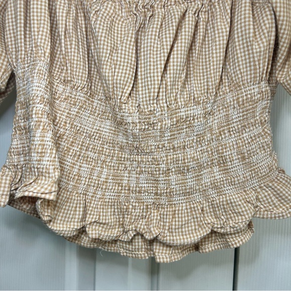 Japna Tan Check Puff Sleeve Elastic Waist Praire Cottagecore Off Shoulder Top L - Picture 7 of 14